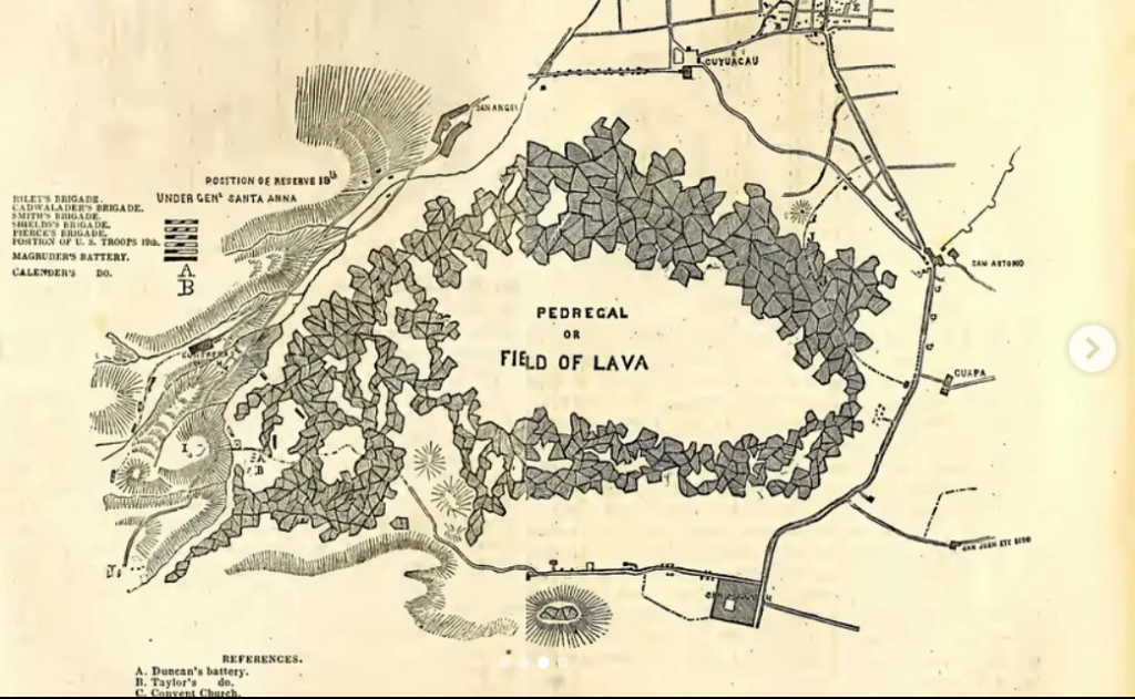 Mapa de las batallas de Contreras y Churubusco. Fuente de la imagen: A Complete History of the Mexican War,de Nathan Covington Brooks, 1849, Archive.org.