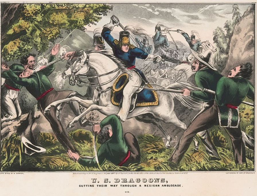 Esta litografía coloreada de 1847 titulada "U.S. Dragoons, Cutting Their Way Through a Mexican Ambuscade", publicada por Nathaniel Currier, ilustra una escena de la intervención estadounidense en México donde la caballería de EE. UU. combate con sables y pistolas