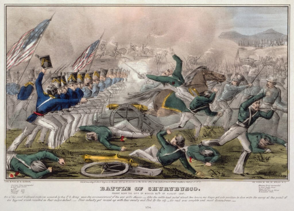 Battle of Churubusco--Fought near the city of Mexico 20th of August 1847 / J. Cameron. Hand tinted lithograph. Library of Congress