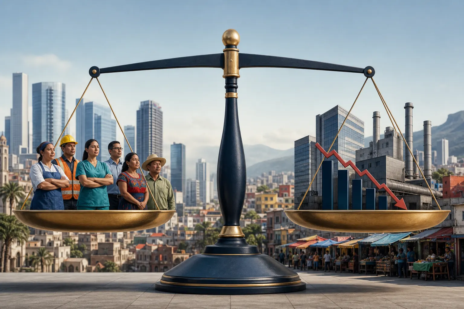 Balanza que representa el aumento de los salarios y la caída relativa de las utilidades empresariales en México