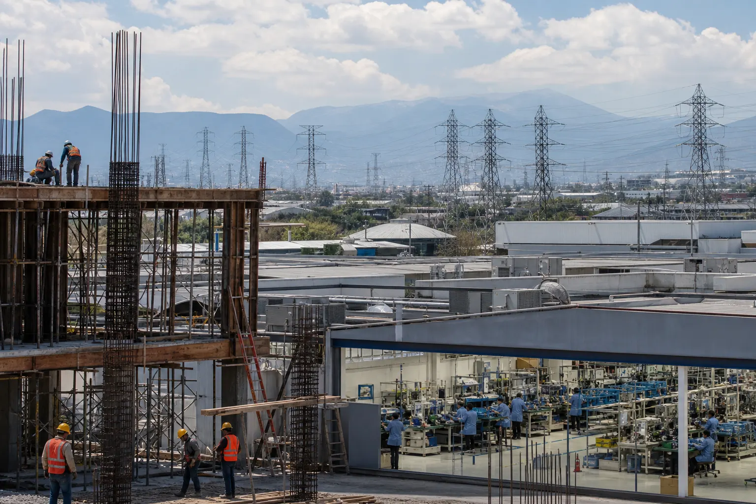 Obra de construcción junto a una planta manufacturera y torres eléctricas en México