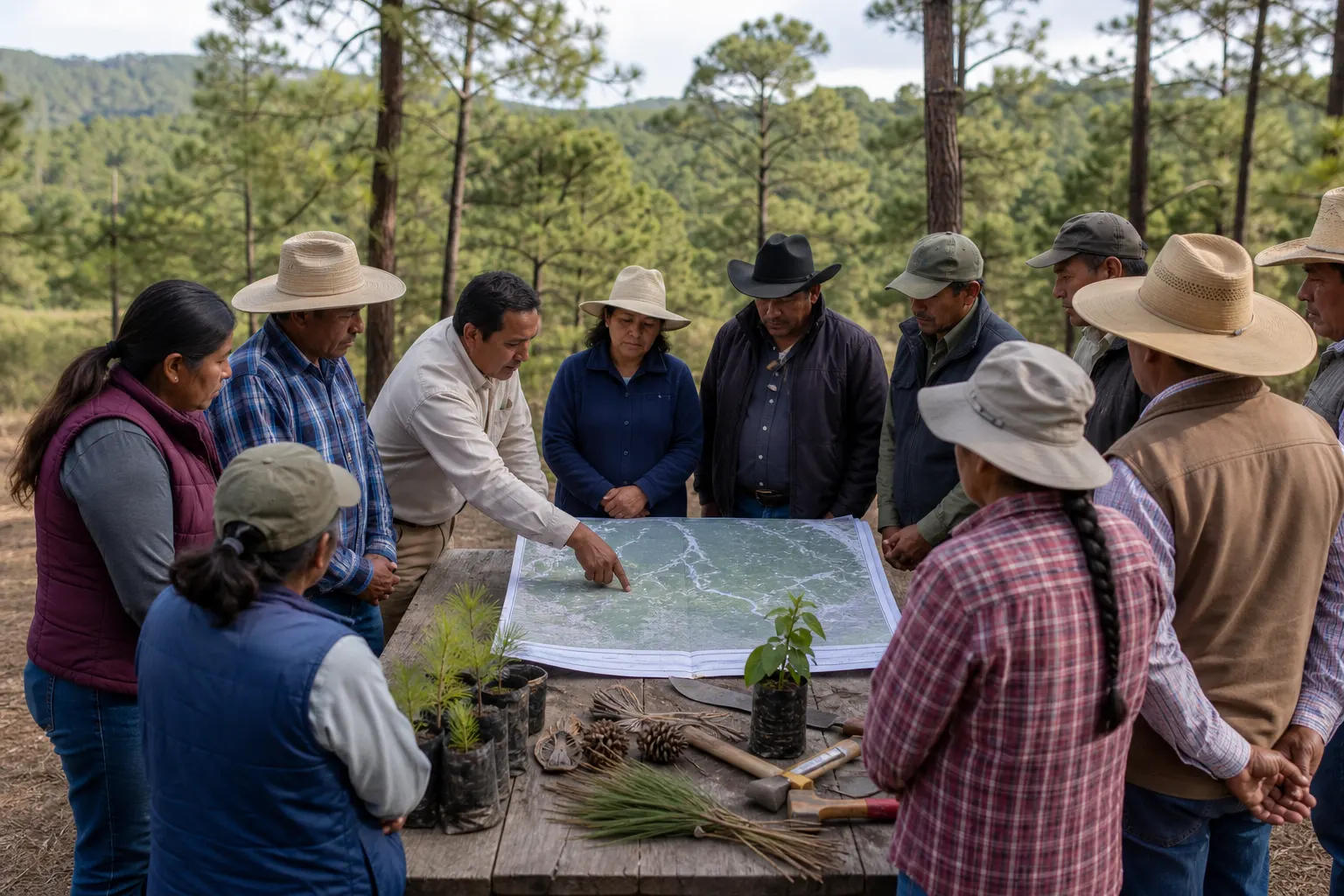 Asamblea comunitaria revisa un plan de manejo forestal en México