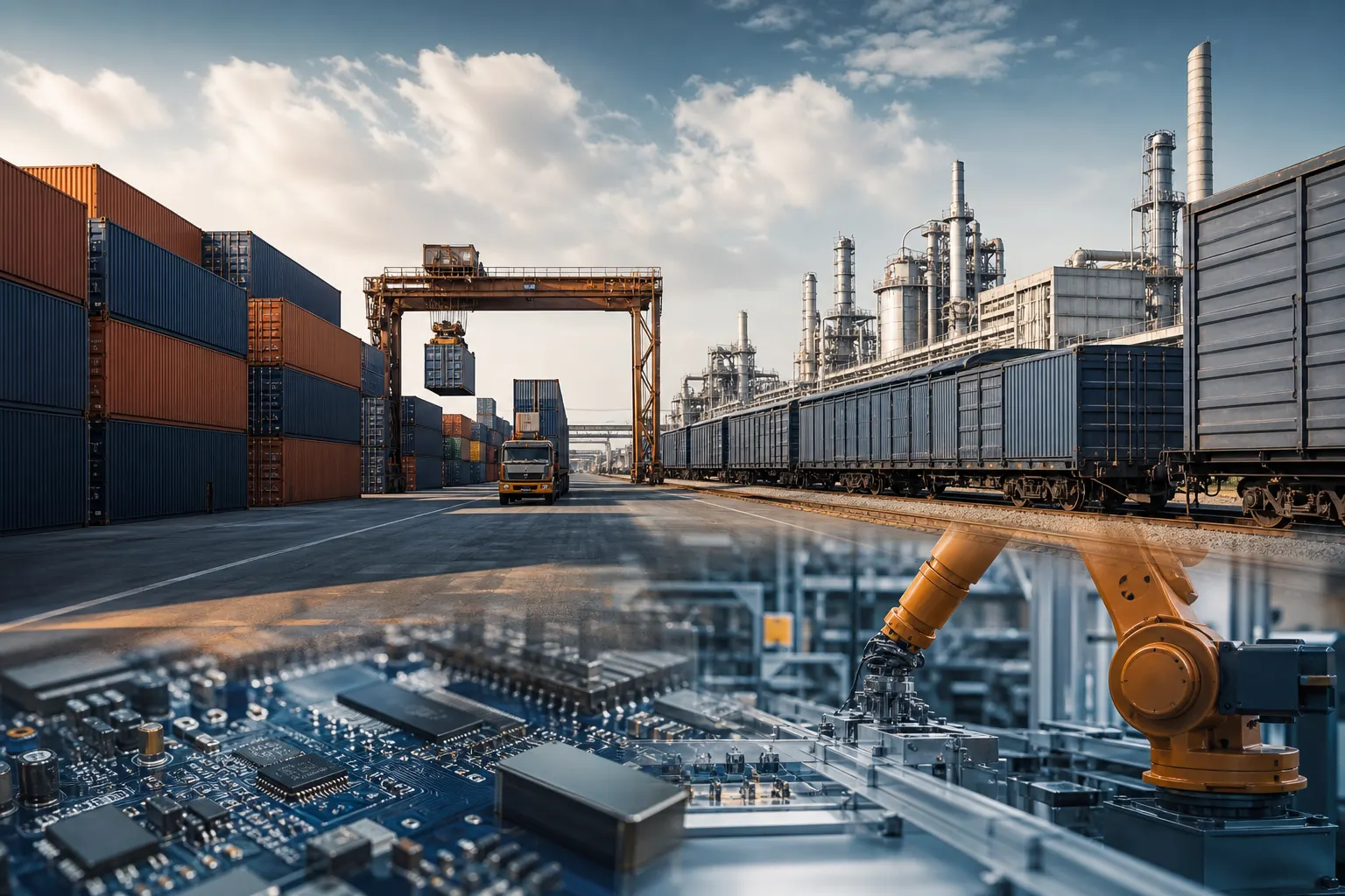Contenedores y maquinaria industrial en una terminal logística de México
