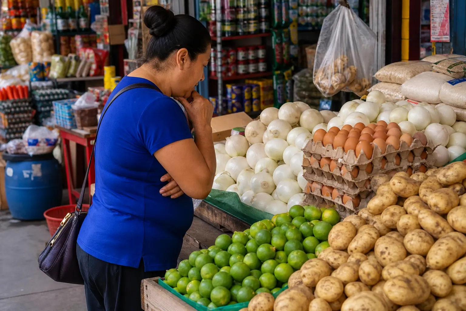 Persona compara precios de alimentos en un mercado mexicano