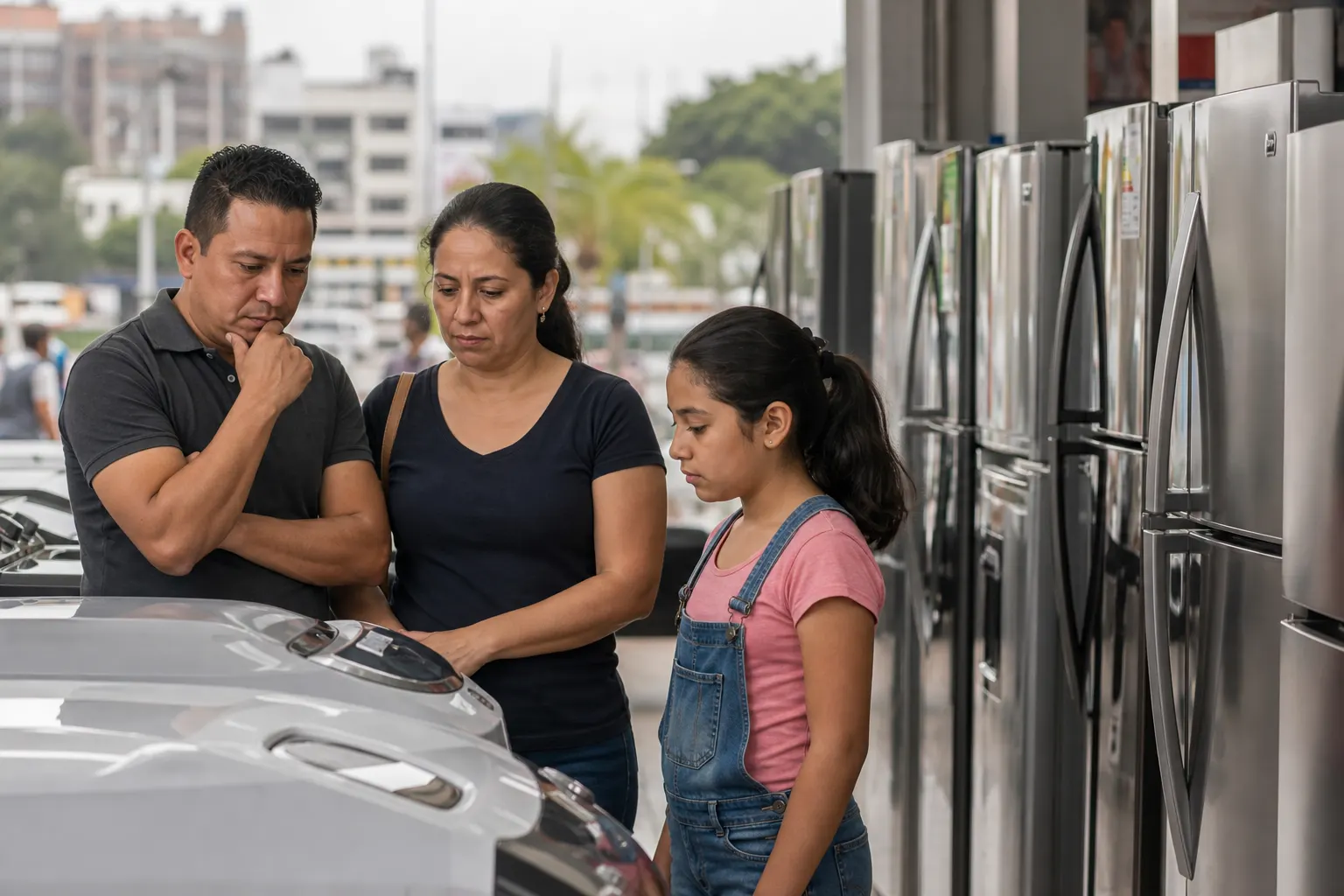 Familia mexicana revisa precios en una tienda mientras mejora la confianza del consumidor