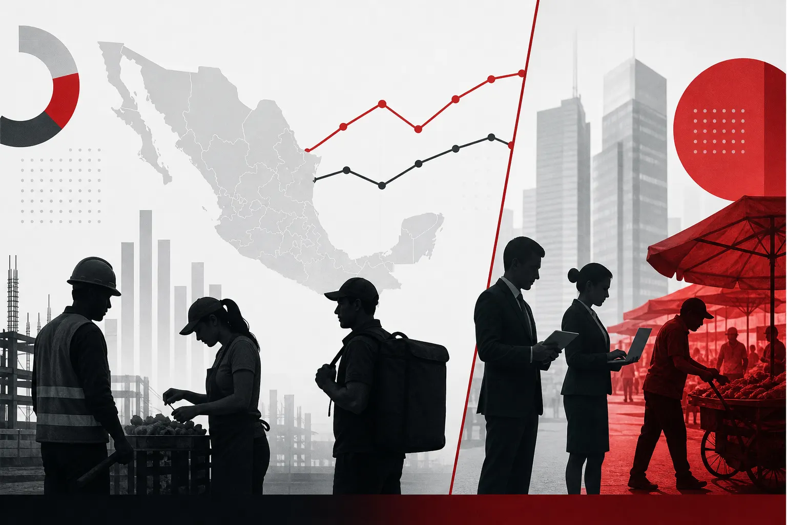 Gráfico conceptual sobre empleo, desocupación e informalidad laboral en México durante agosto de 2026