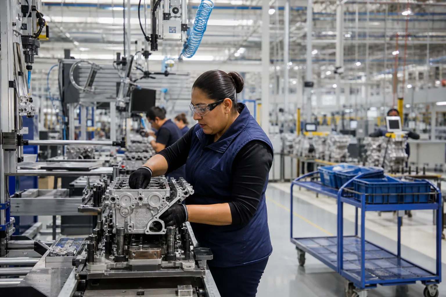 Trabajadores y maquinaria en una planta manufacturera de México