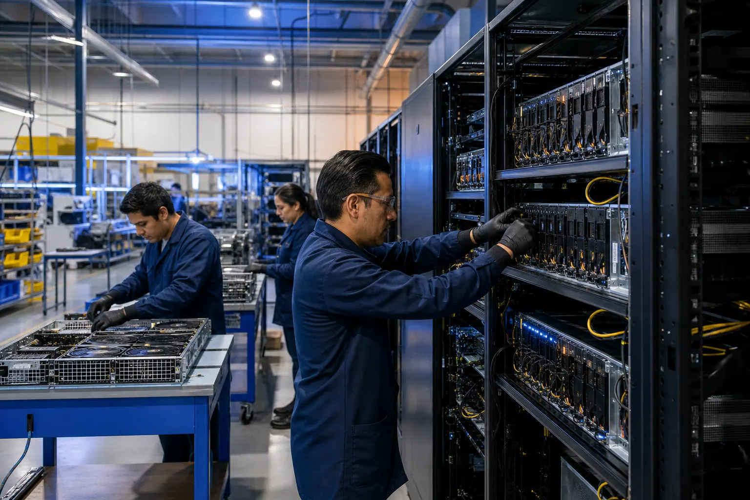 Ingenieros trabajan en el ensamblaje de servidores de inteligencia artificial en una planta tecnológica de México.