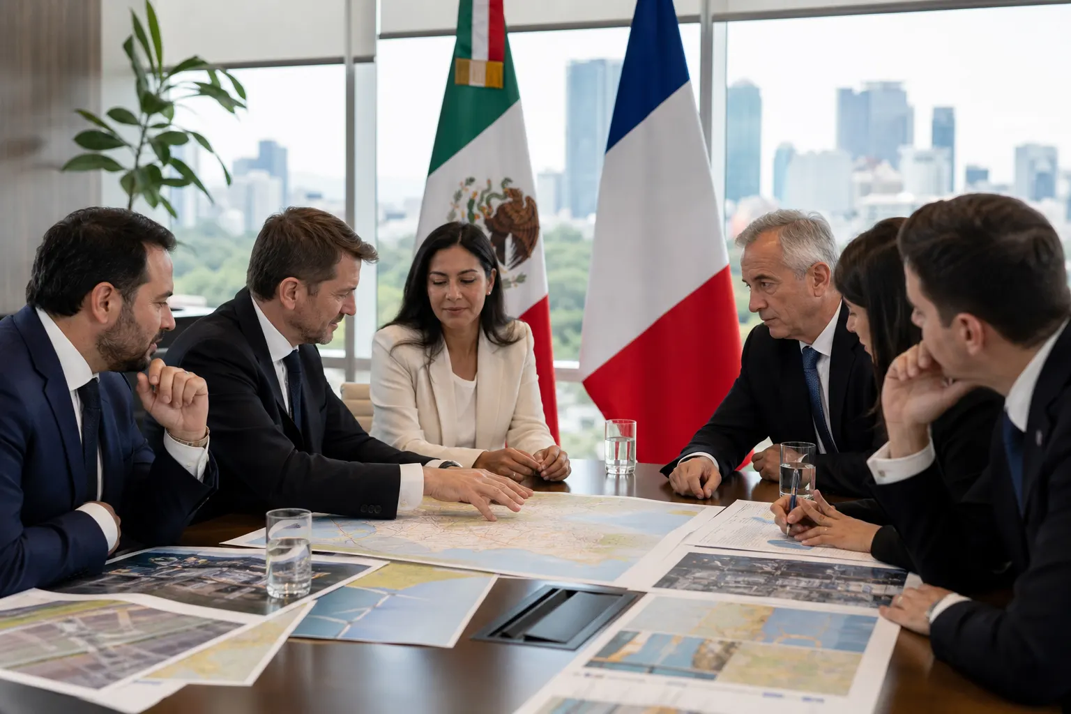 Delegación empresarial francesa y representantes mexicanos durante una reunión de negocios en Ciudad de México
