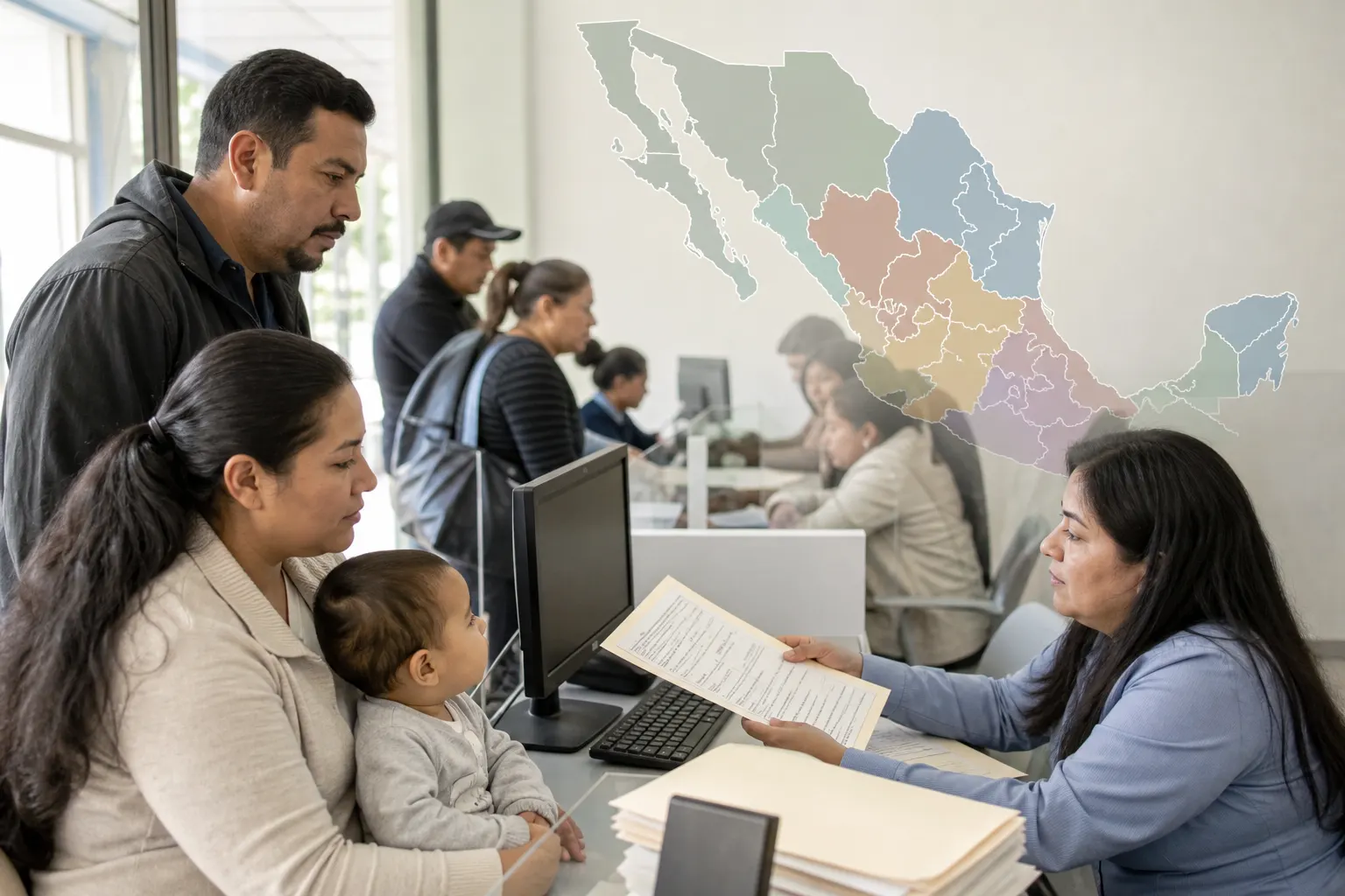 Familias realizan trámites de registro de nacimiento en México mientras un mapa del país representa las diferencias demográficas entre entidades.