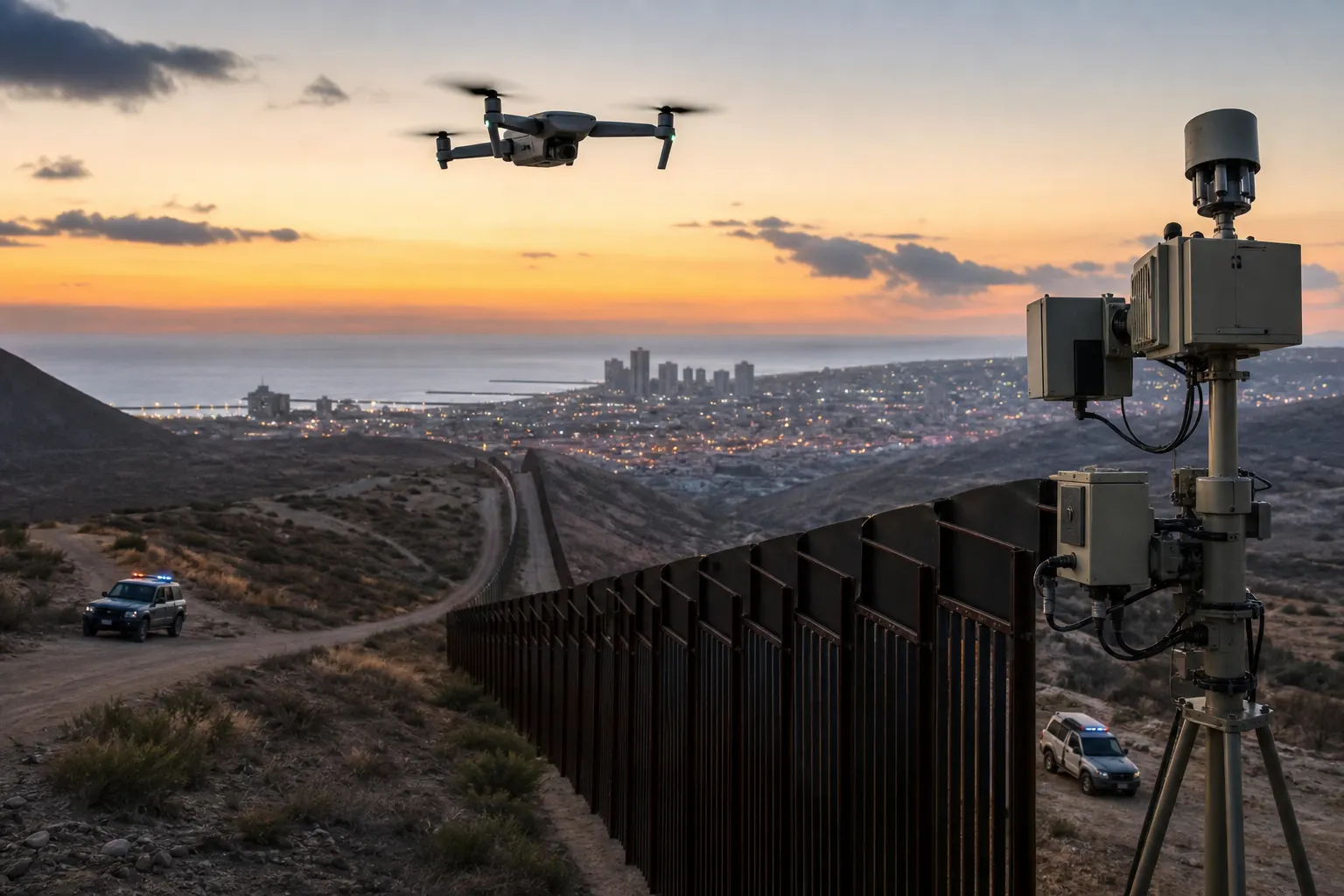 Equipos de seguridad vigilan un dron sobre la frontera Tijuana-San Diego durante la operación Águila Alta