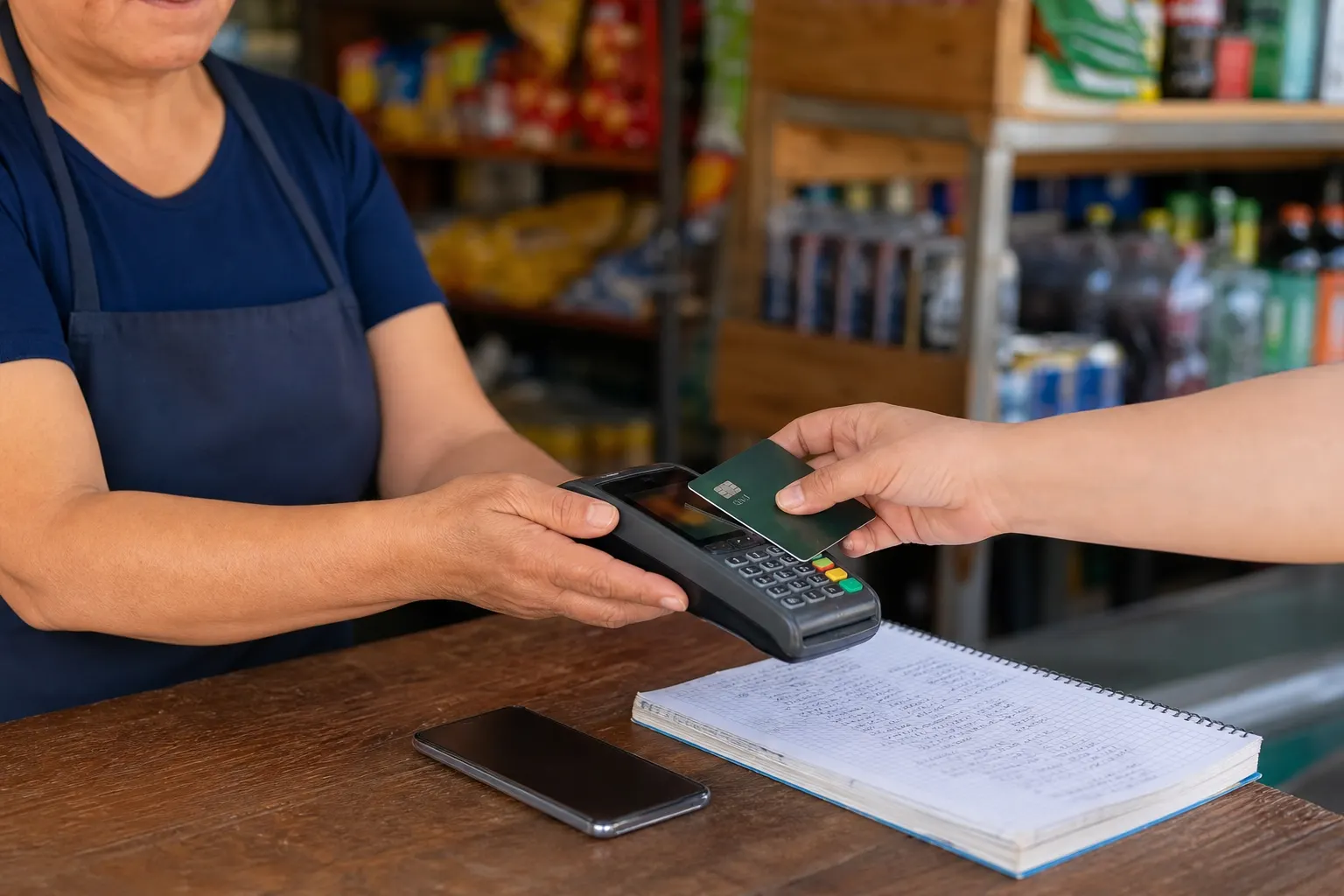 Pequeño comercio mexicano cobra con una terminal punto de venta mientras se debate el costo de los pagos digitales