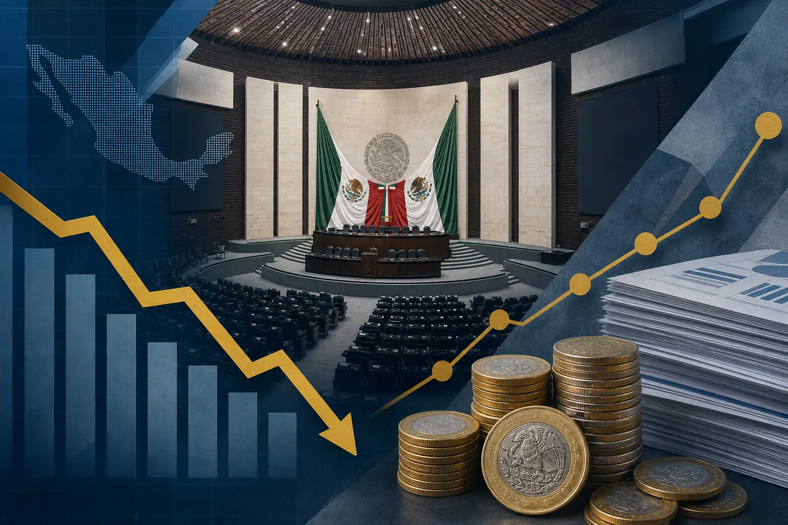 Documentos del Paquete Económico 2027 junto a gráficas de menor crecimiento y mayor deuda pública en México