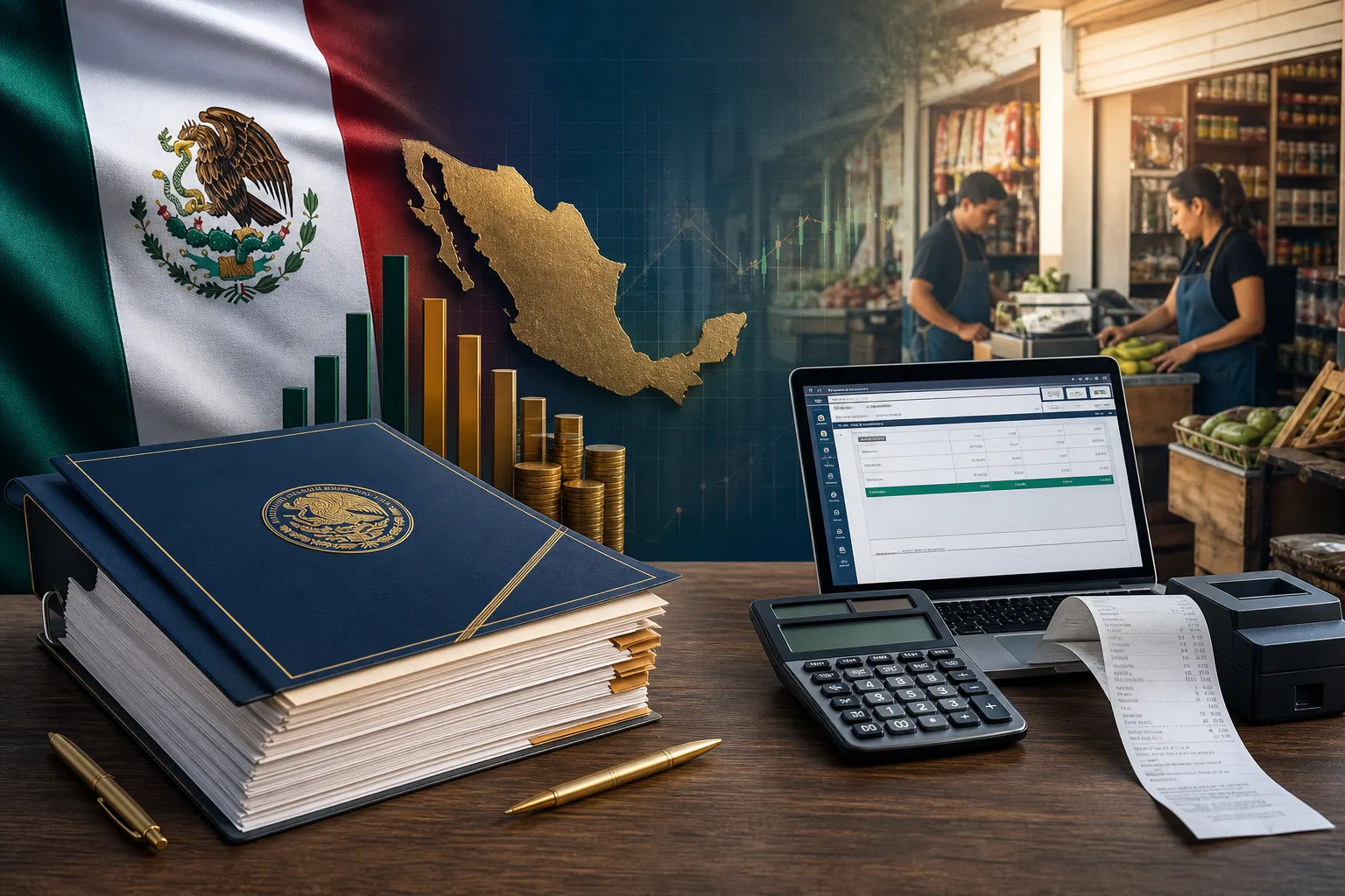 Documentos del Paquete Económico 2027 junto a herramientas de facturación digital y un pequeño negocio mexicano