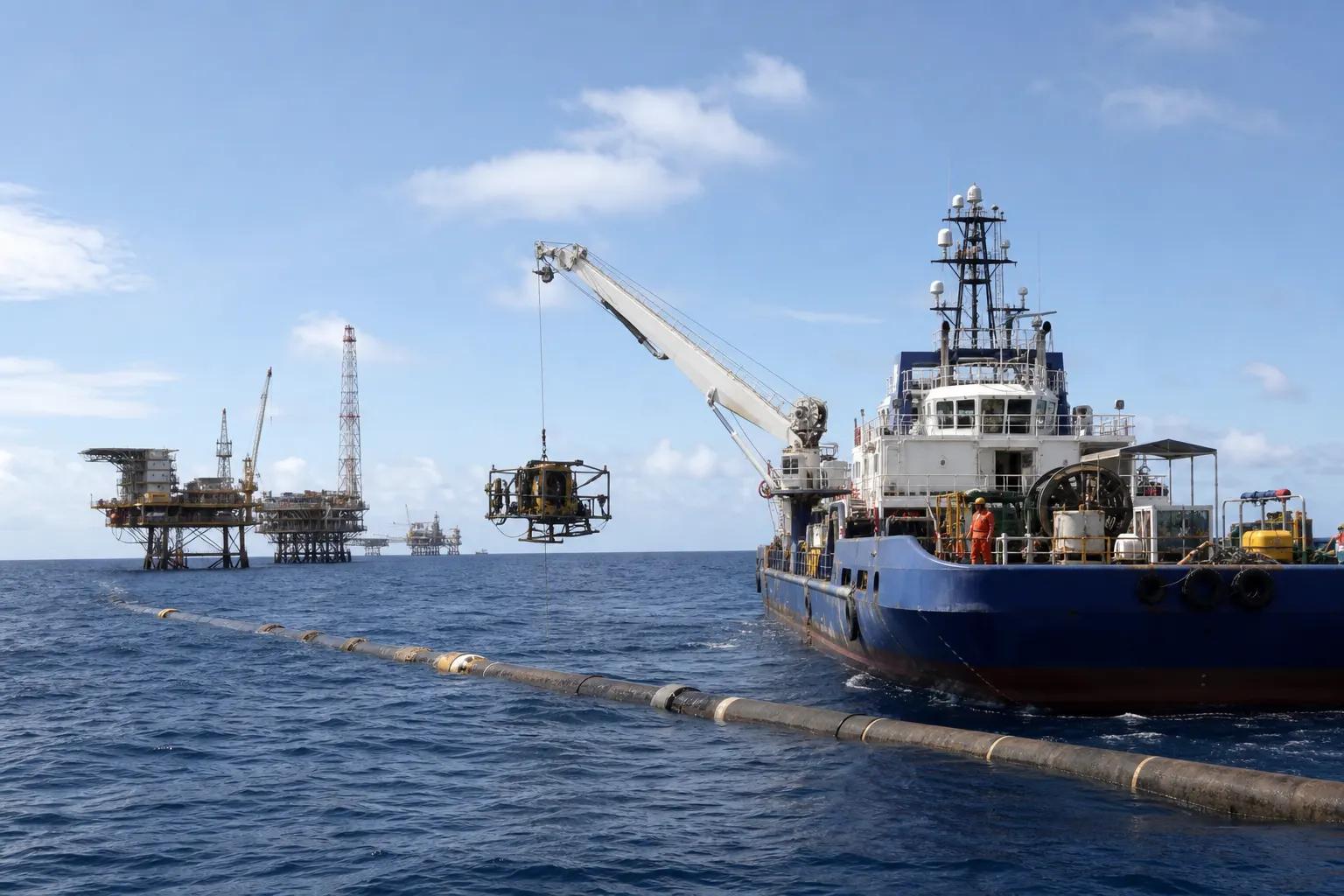 Embarcaciones trabajan en la reparación de un ducto marino frente a Campeche