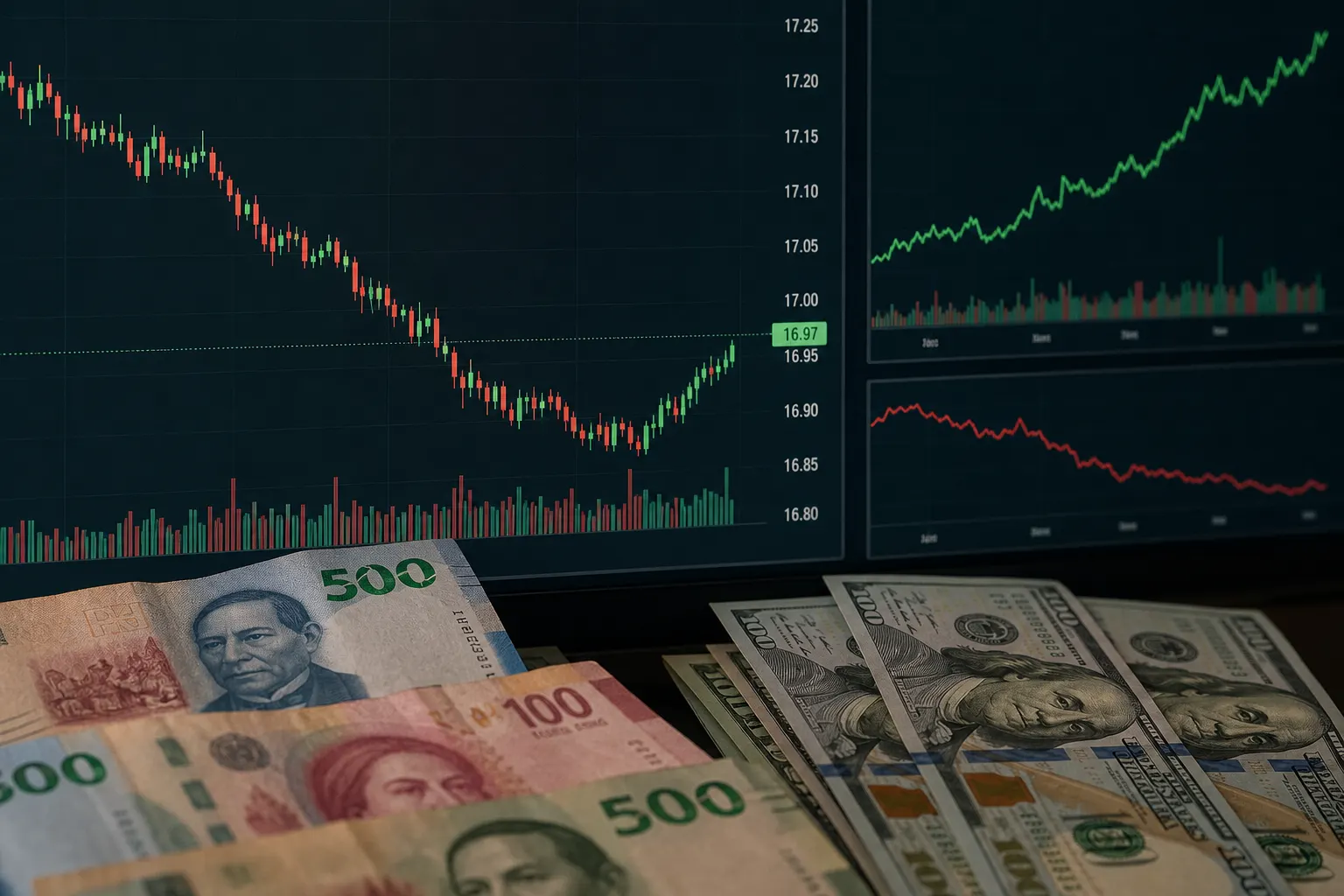 Pantalla financiera con el peso mexicano cerca de 16.97 por dólar y pérdida semanal