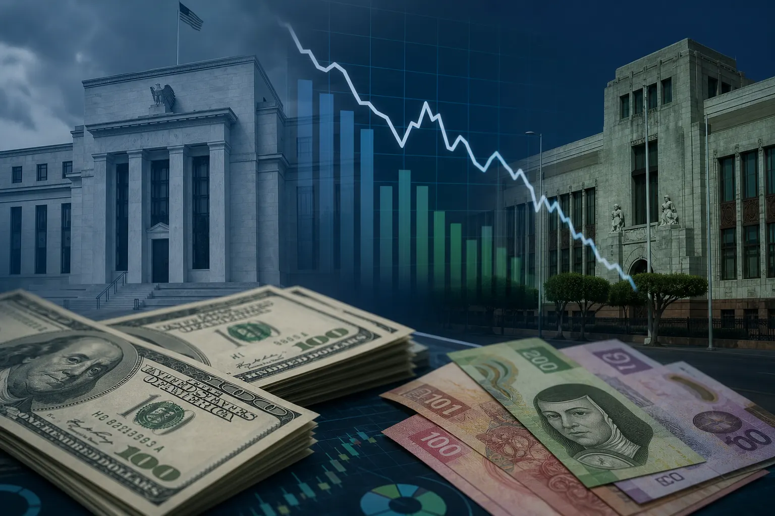 Billetes de pesos y dólares junto a una gráfica del diferencial de tasas entre la Fed y Banxico