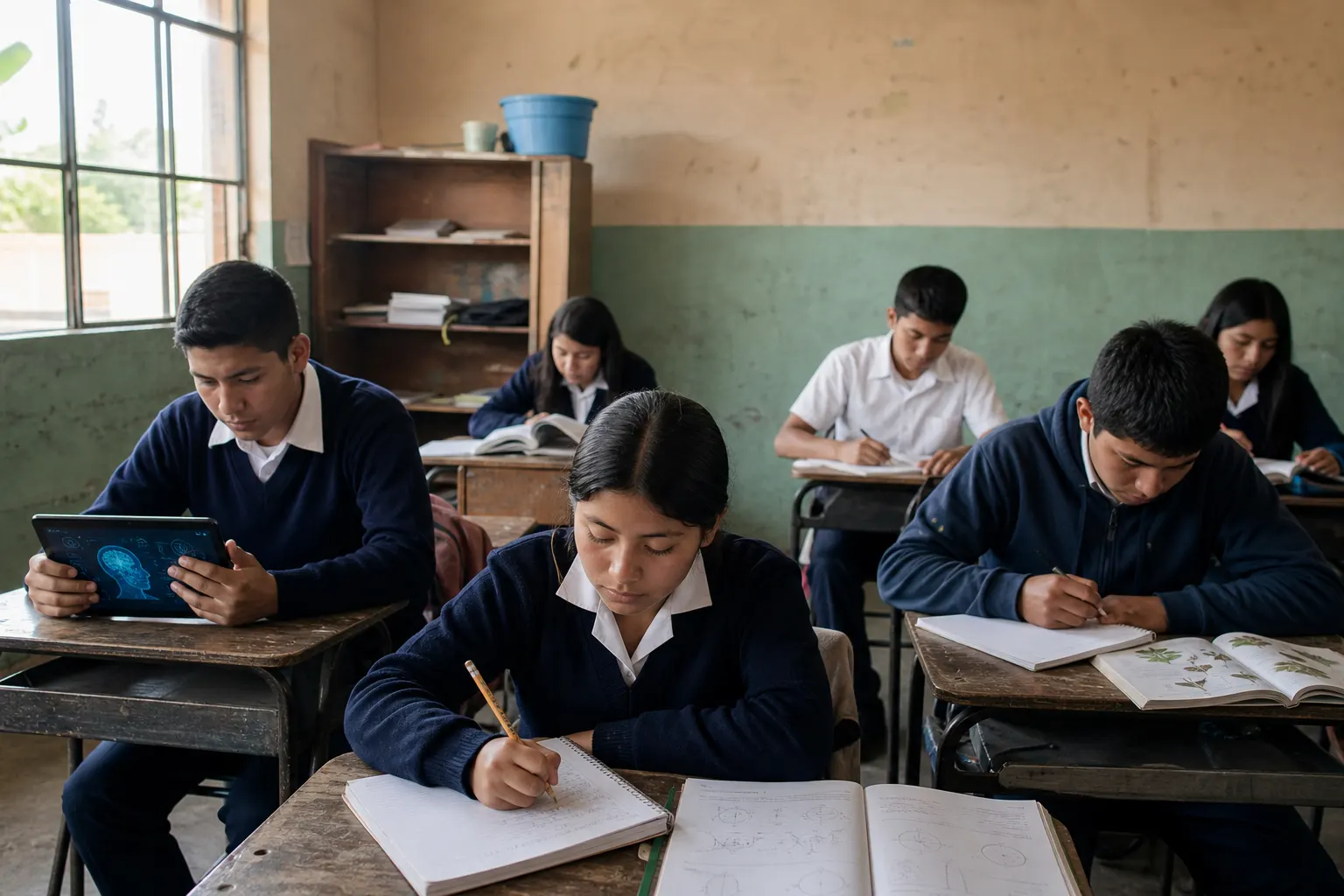 Estudiantes mexicanos realizan actividades de matemáticas, lectura y ciencias en un salón de secundaria
