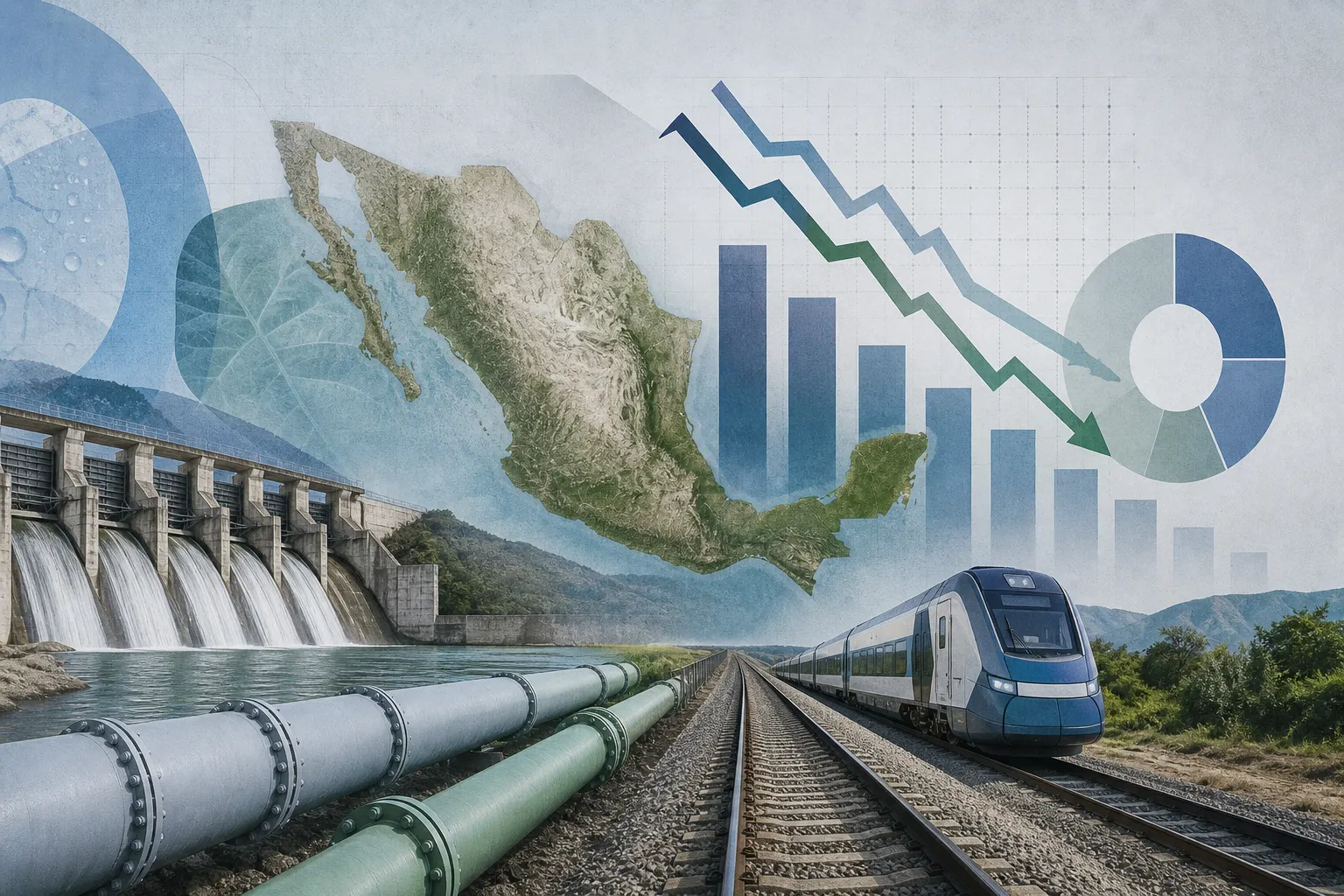 Documentos del presupuesto climático de México 2027 junto a infraestructura hídrica y vías ferroviarias