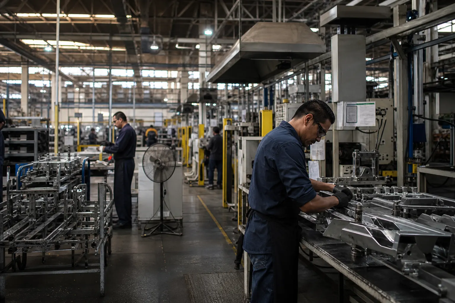 Trabajadores y maquinaria en una planta manufacturera mexicana durante un periodo de débil productividad laboral