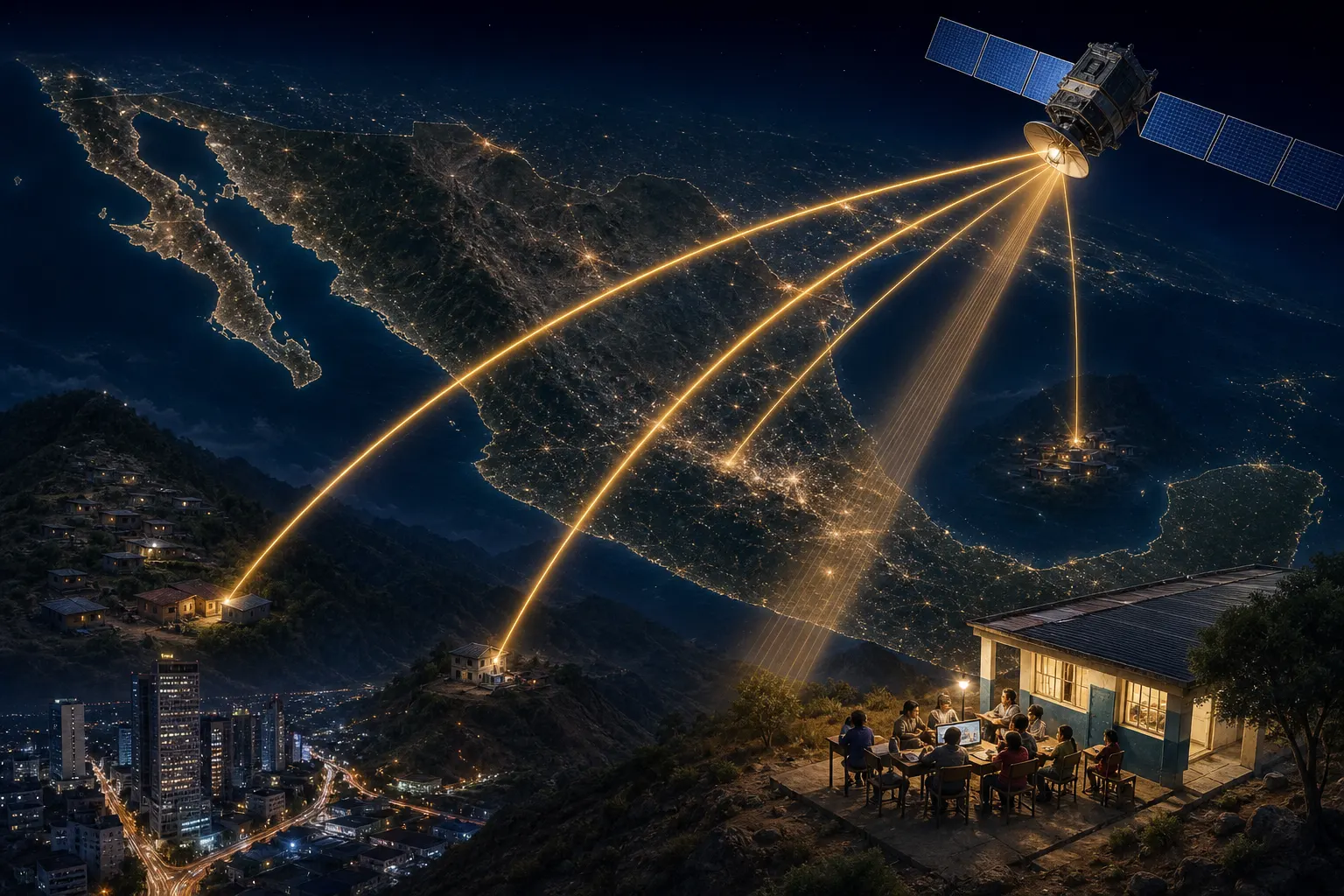 Satélite mexicano de telecomunicaciones sobre comunidades rurales y ciudades de México