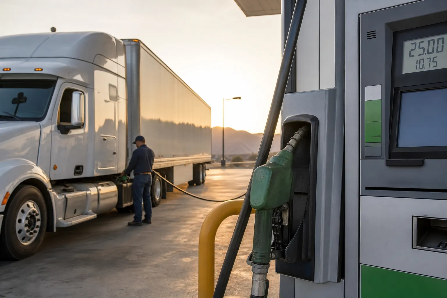 Camión de carga abasteciéndose de diésel en una gasolinera de México