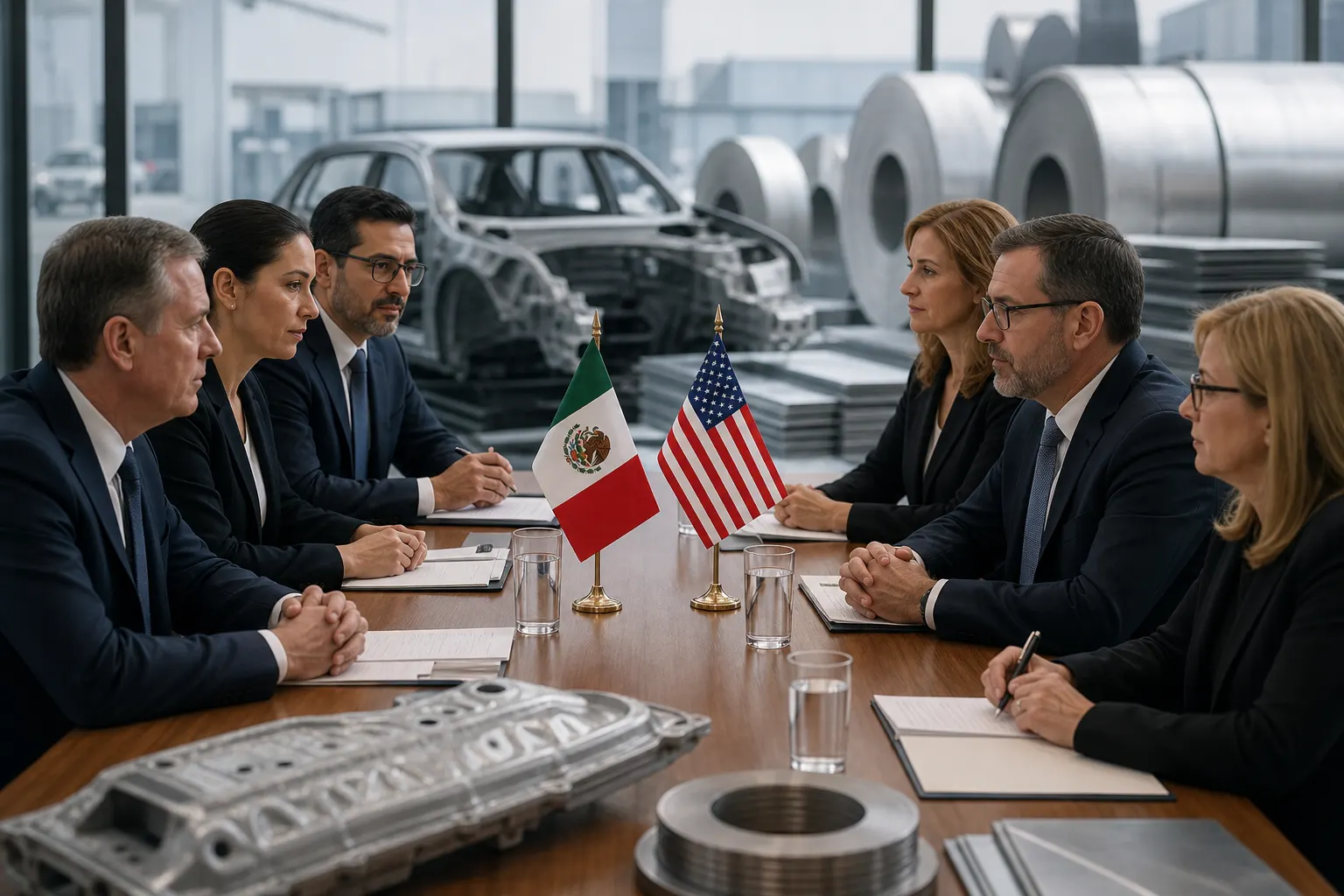 Mesa de negociación entre México y Estados Unidos con documentos del T-MEC, piezas automotrices, acero y aluminio