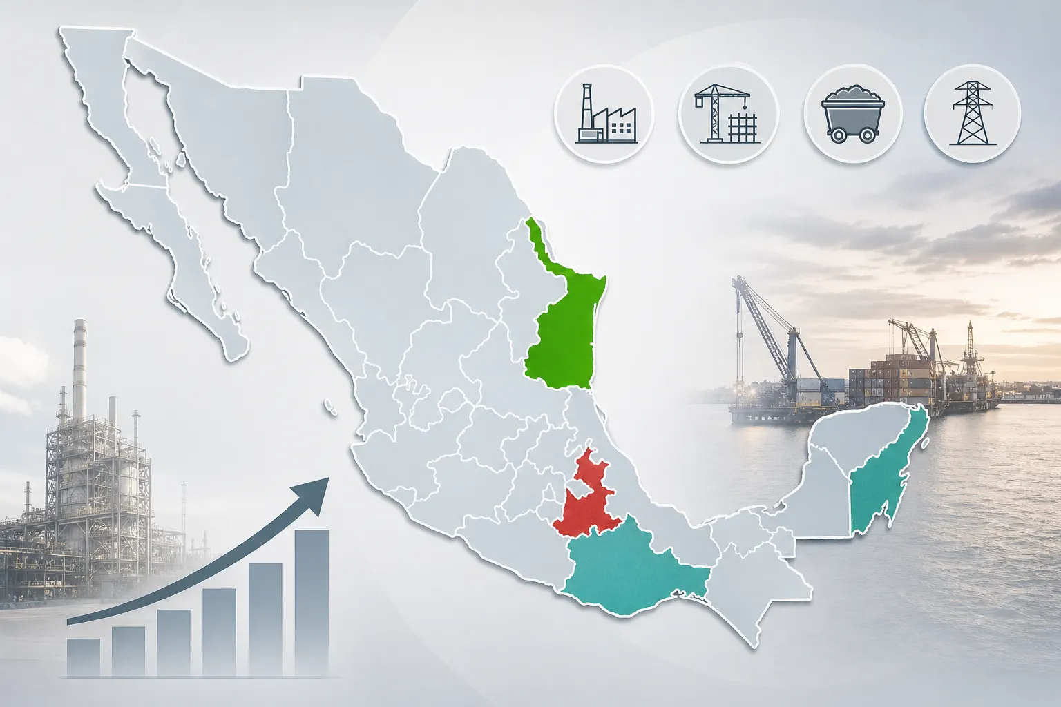 Mapa de México con estados que avanzaron y retrocedieron en actividad industrial durante junio de 2026