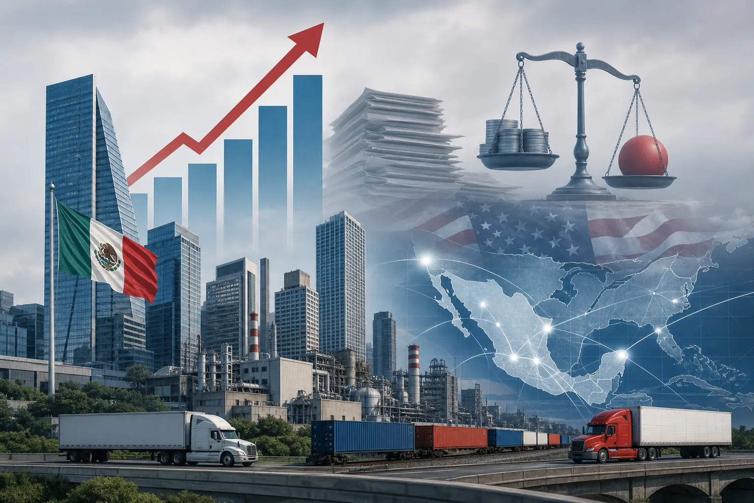 Gráfica de crecimiento moderado de México junto a símbolos de deuda, inversión y regulación