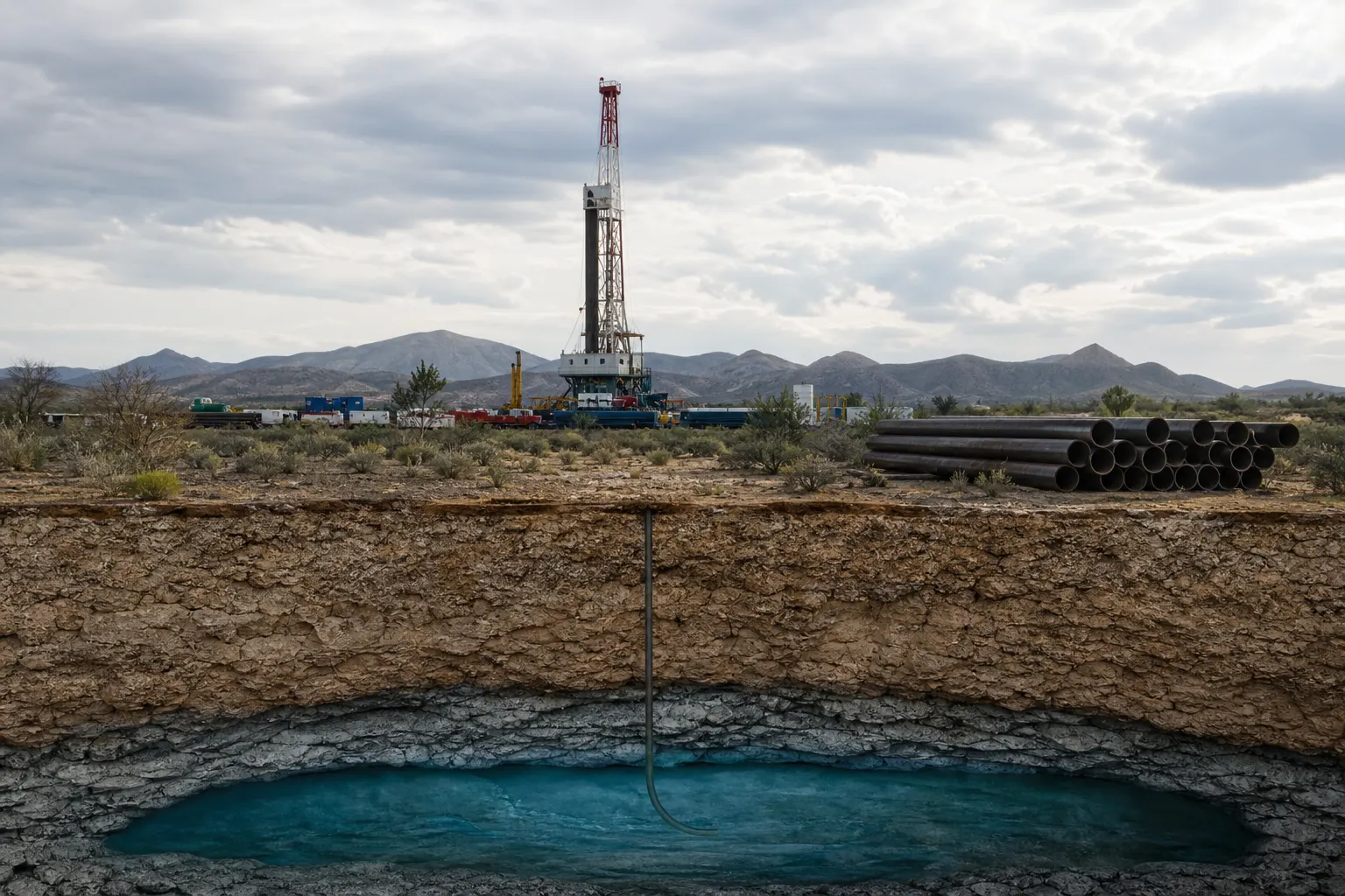 Plataforma de perforación detenida en una zona semiárida del noreste de México mientras se estudia la disponibilidad de agua para fracking