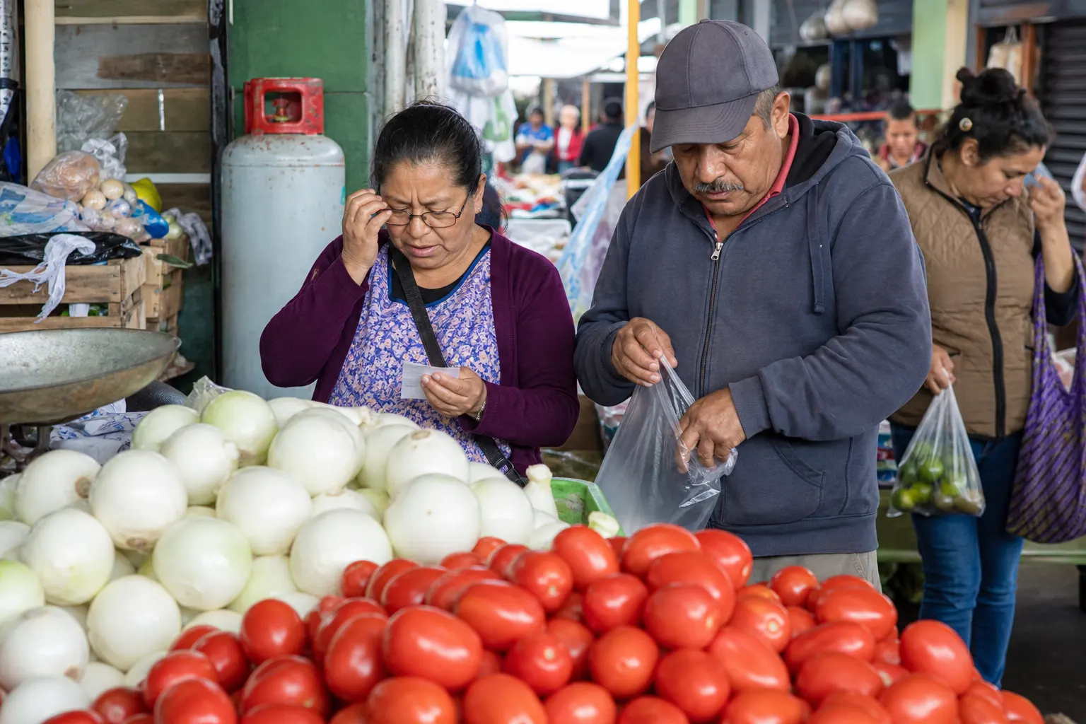 Jitomates y cebollas en un mercado mexicano, productos que impulsaron la inflación de septiembre de 2026