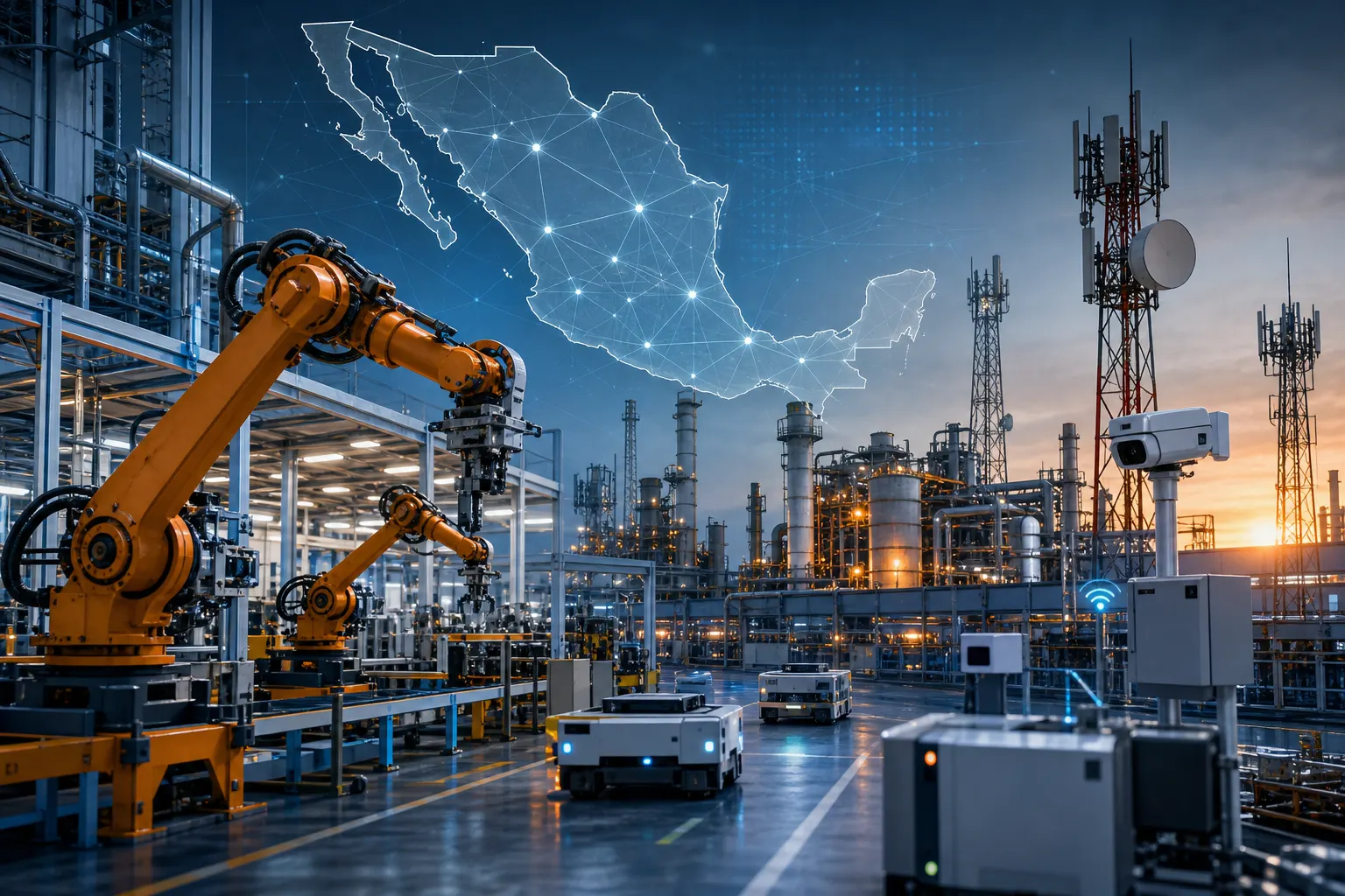 Planta industrial mexicana conectada mediante redes inteligentes y antenas de telecomunicaciones