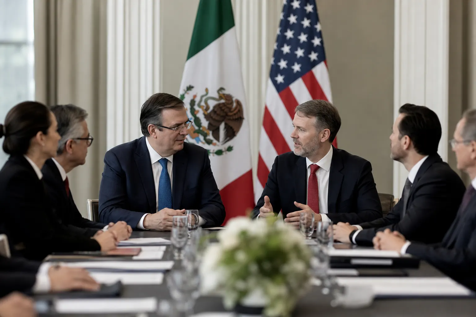 Marcelo Ebrard y Jamieson Greer durante una reunión comercial entre México y Estados Unidos en el G20